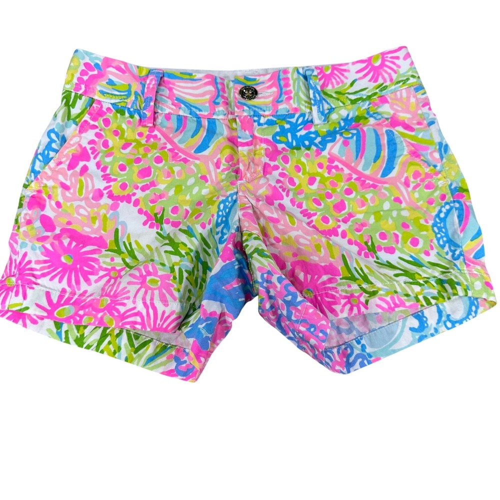Lilly Pulitzer Callahan Shorts Womens 0 Pink Blue Green Floral Coral Cotton 5in‎